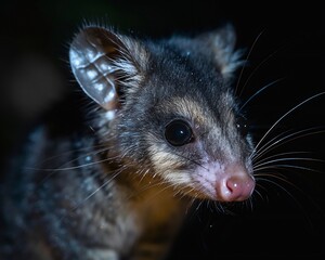 Obraz premium National Geographic style ultra close up of mountain brushtail possum under soft moonlight detailed whiskers and fur cinematic nocturnal atmosphere masterful depth of field