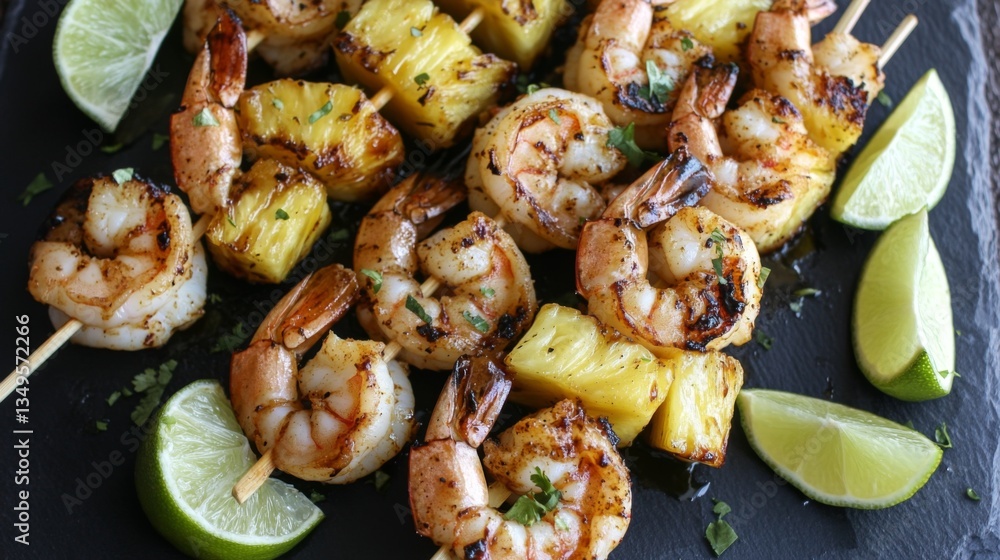 Poster an overhead shot of skewers of shrimp and pineapple, glazed with barbecue sauce, placed on a dark sl