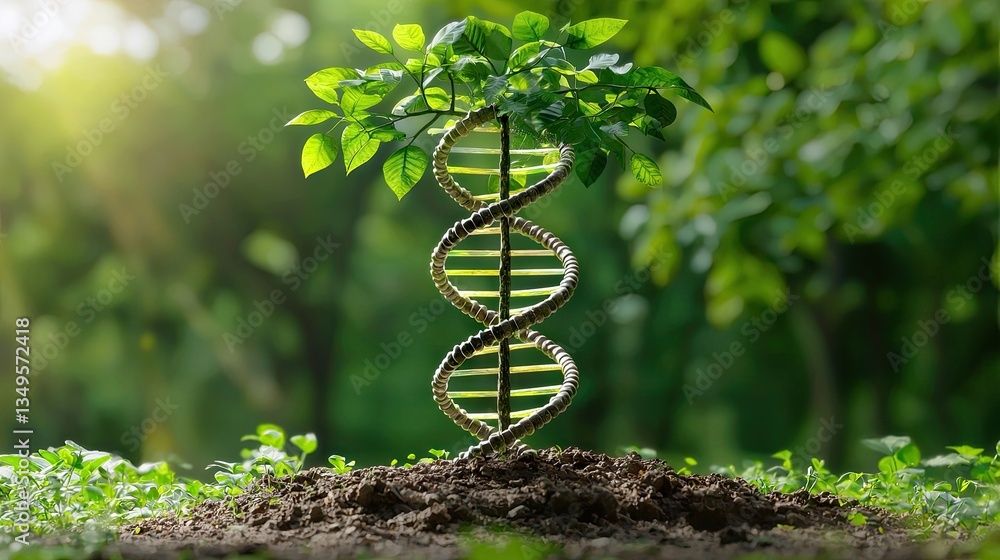 Poster conceptual image of a dna double helix wrapped around a growing tree, representing bio-evolution.