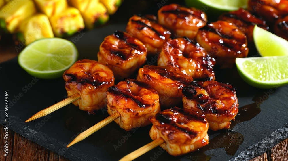 Poster an overhead shot of skewers of shrimp and pineapple, glazed with barbecue sauce, placed on a dark sl