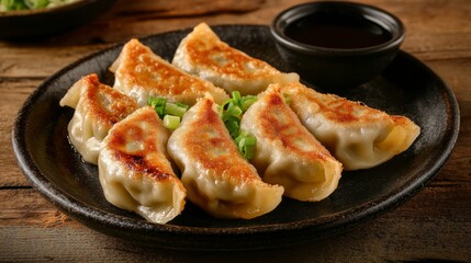 A beautifully arranged plate of golden-brown gyoza dumplings, perfectly crispy on one side, served with a small bowl of soy sauce and garnished with green onions.