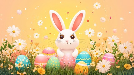 A white bunny surrounded by a variety of flowers and colorful Easter eggs on a warm - toned background, great for Easter - related designs, seasonal greetings, and festive art.