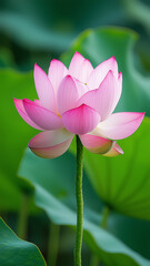 Obraz premium vibrant pink lotus flower blooms gracefully against lush green leaves, showcasing its delicate petals and serene beauty in tranquil natural setting