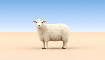 Fototapeta premium A fluffy white sheep stands in a minimalist beige landscape against a pale blue sky