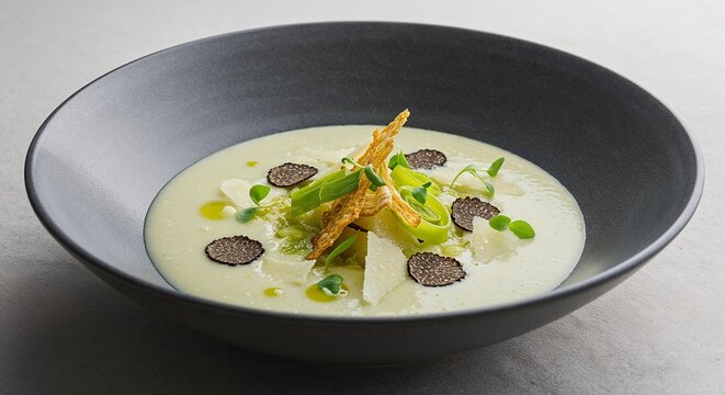 Creamy Leek and Truffle Soup with microgreens for gourmet recipe websites, restaurant menus, and luxury food blogs - elegant vegetable soup presentation in black bowl