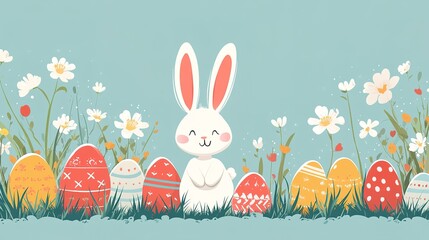 A white bunny standing on the grass with flowers and Easter eggs around, an ideal image for Easter cards, spring - themed crafts, and children's entertainment materials.
