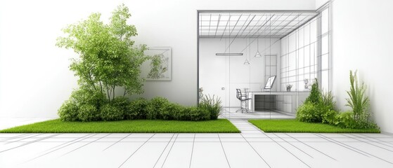An architectural design concept showing a green office space with plants