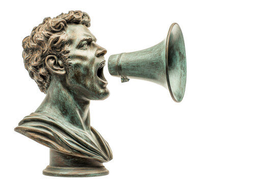 Bronze bust with megaphone, shouting out, cut out transparent
