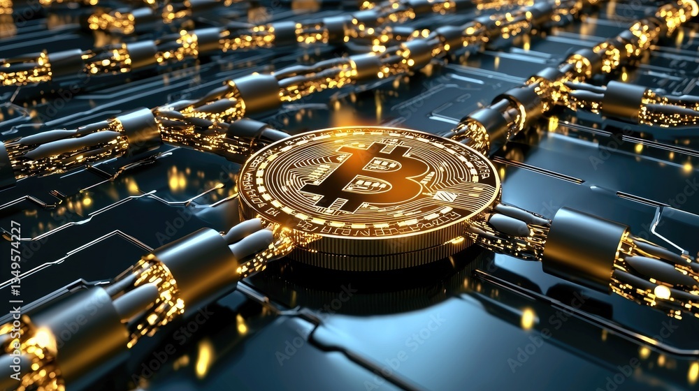 Poster cryptocurrency-based supply chain optimization illustrated through a glowing blockchain network in c