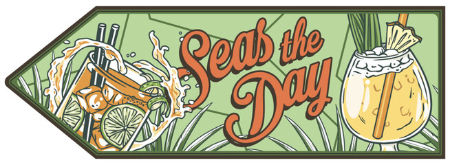 Pina Colada cocktail glass on retro, vintage poster or retro sign with rum, slice of pineapple for design of surfing, tiki or beach bar menu. Alcohol cocktail for drink party, summer vibes