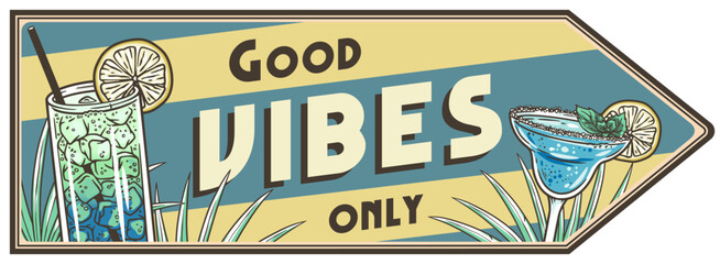 Blue lagoon cocktail glass on retro, vintage poster or retro sign with palm trees in the background for surfing, tiki or beach bar creating a retro summer vibes