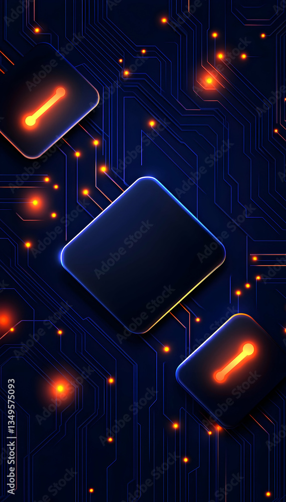 Poster abstract digital circuit board with glowing elements and dark background