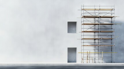 Fototapeta premium Blueprint and exposed framework of factory, scaffolding around, industrial precision and planning