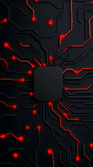 Abstract dark circuit board with glowing red lines and central processor