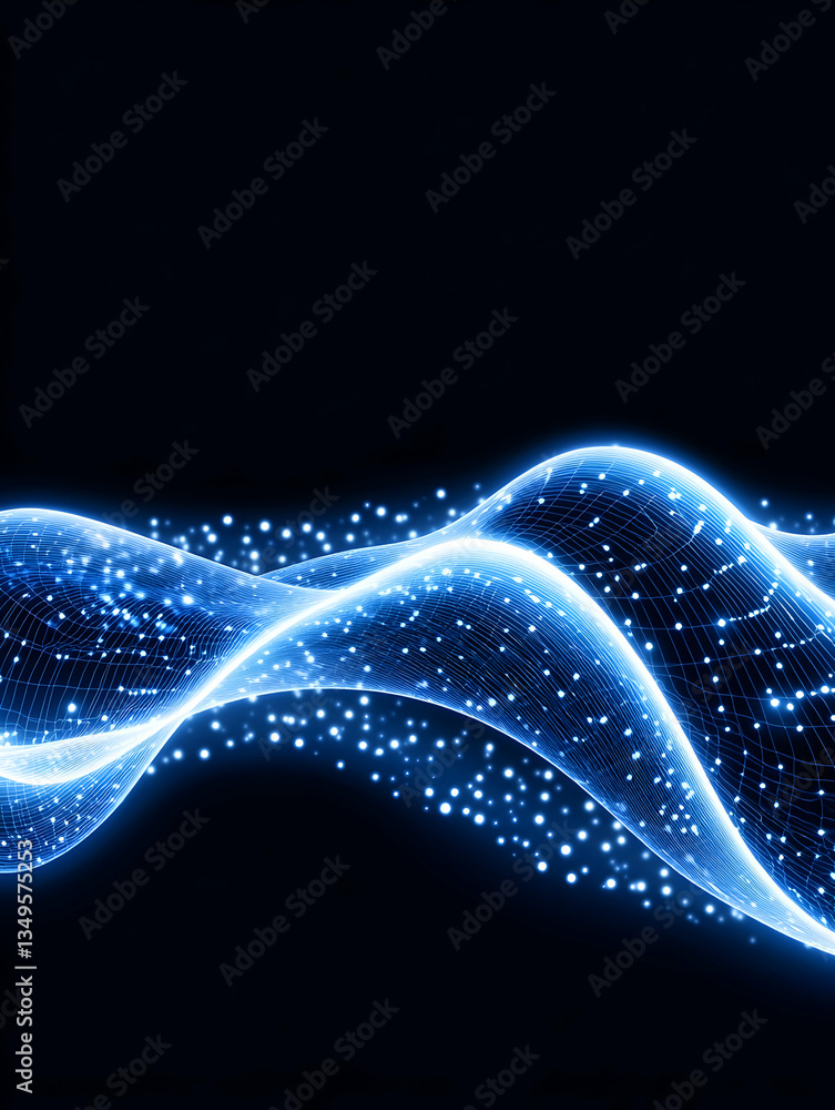 Poster abstract glowing blue wave with digital grid pattern on black background