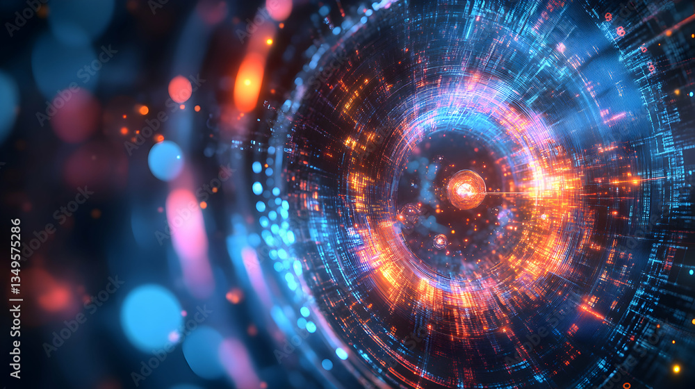 Poster enigmatic digital sphere with swirling vibrant bokeh and intricate circuit patterns