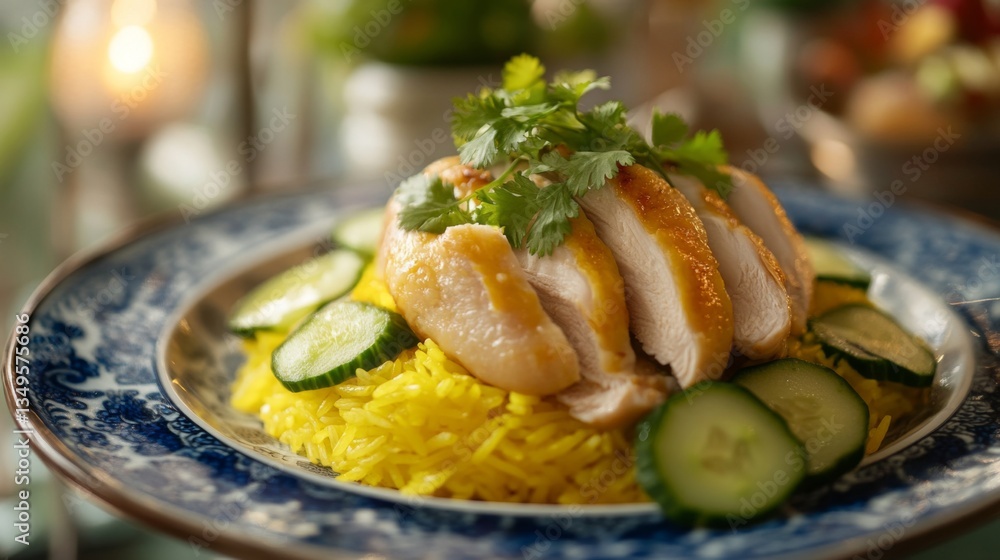 Poster a beautifully plated dish of khao mok gai, featuring fragrant yellow rice topped with succulent chic