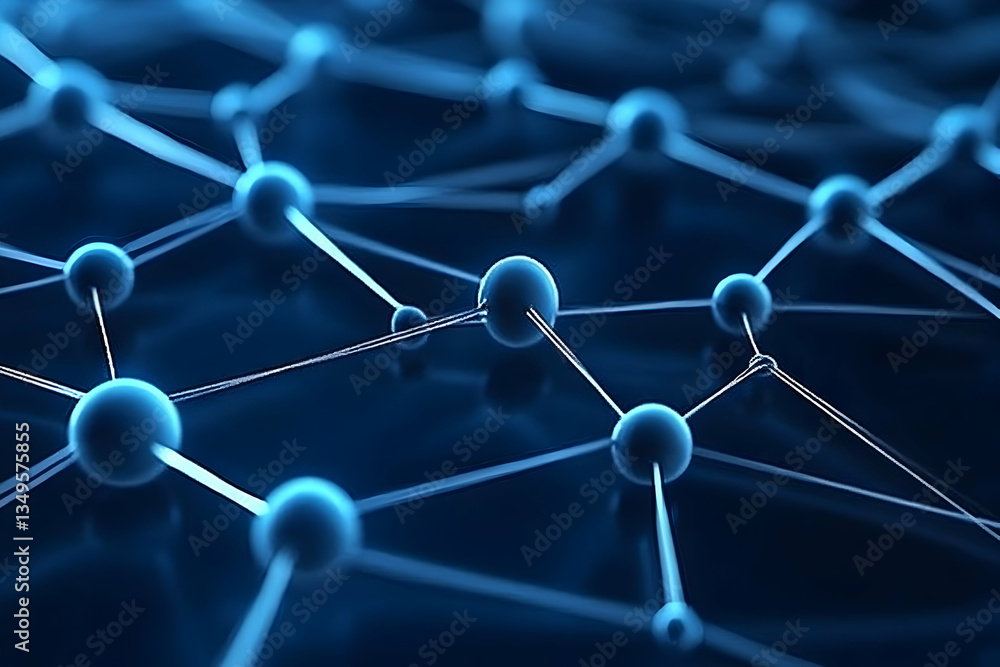 Poster abstract network of interconnected spheres, nodes and lines, rendered in deep blue hues