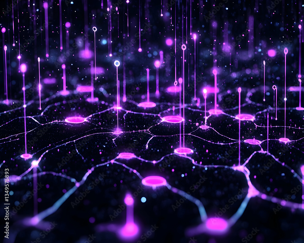 Poster abstract network visualization with glowing purple nodes and connections