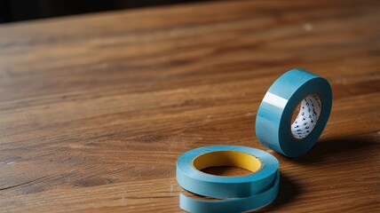 Pile of sticky tape lies on table, background.