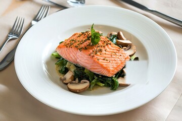Salmon fillet served with sauteed greens and mushrooms, gourmet plating