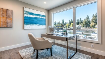 Fototapeta premium A bright and airy home office featuring a minimalist desk, a comfortable chair, and large windows that provide plenty of natural light for an inspiring workspace.