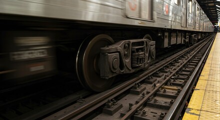 Fototapeta premium Underground train in motion at subway station. Fast rail transport moving on railway track from terminal. Subway commuting for urban life, transport industry, travel.