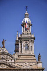 Obraz premium Tower of the Santiago Metropolitan Cathedral (Catedral Metropolitana), Plaza de Armas, Santiago, Chile