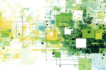 Abstract geometric design with green and yellow shapes, lines, and dots creating modern corporate theme. This vibrant artwork conveys sense of innovation and technology