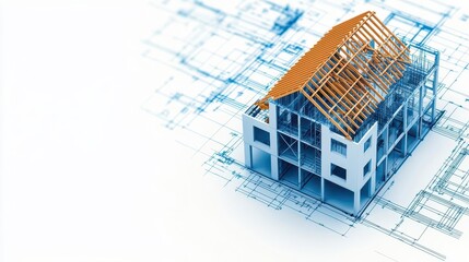 Detailed rendering of partially built factory, blueprint and framework, construction in motion