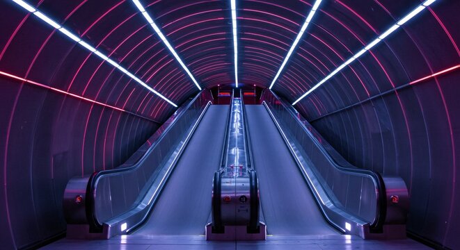 Fototapeta Neon illuminated escalator in modern tunnel. Abstract glowing stripes of light in an underground corridor for urban transit and futuristic architecture concept.
