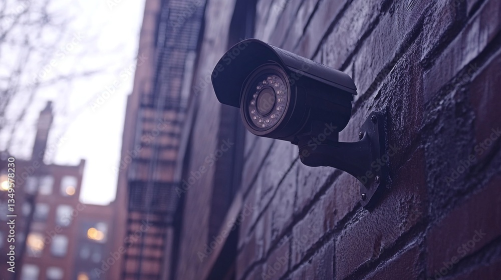 Poster a close-up of a bullet-style cctv camera mounted on a building, with a blurred background of the cit