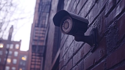 Fototapeta premium A close-up of a bullet-style CCTV camera mounted on a building, with a blurred background of the cityscape, emphasizing its surveillance role in urban areas.
