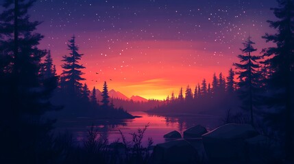 Colorful sunset over a lake in a forest. Possible stock use showcasing nature beauty