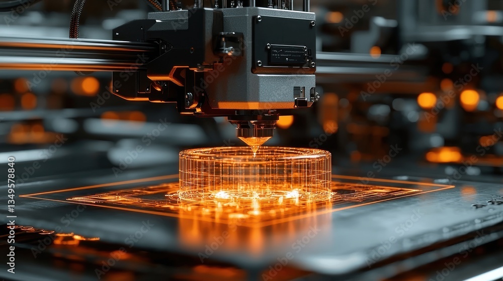 Poster 3d printing technology, futuristic orange glowing wireframe object creation
