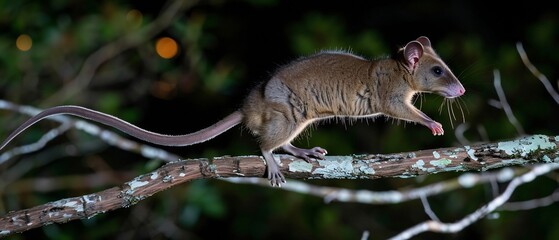 Obraz premium Wildlife action shot of Northern Brushtail Possum leaping between branch frozen mid air using high speed photography fast shutter dynamic pose showcase agility set against softly blurred moonlit