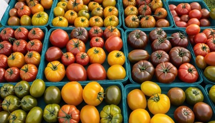 Vibrant Heirloom Tomato Variety Display in Market Trays, showcasing colorful assortment