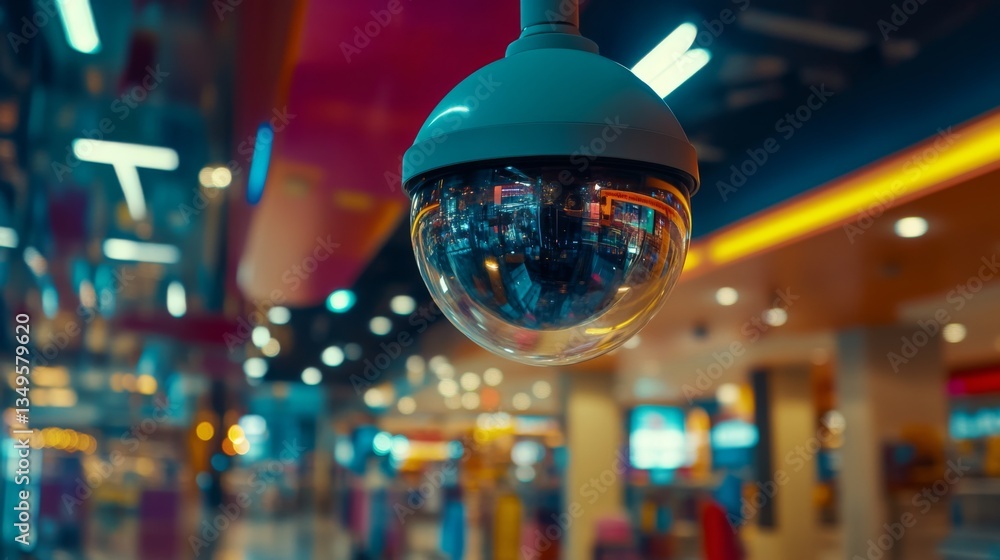 Aufkleber A close-up of a dome-shaped CCTV camera installed in a retail store, with reflections of products visible on the camera lens, emphasizing security in shopping environments.
