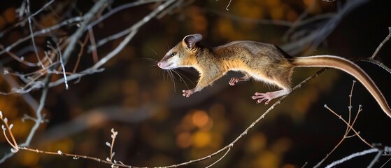 Obraz premium Wildlife action shot of Northern Brushtail Possum leaping between branch frozen mid air using high speed photography fast shutter dynamic pose showcase agility set against softly blurred moonlit