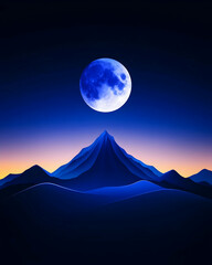 Blue moon rising over silhouetted mountain range at night