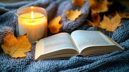 Autumnal reading nook with warm candlelight