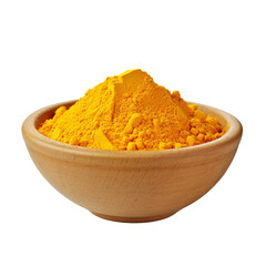 A wooden bowl filled with a generous mound of vibrant yellow turmeric powder