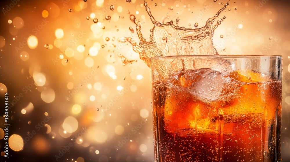 Poster a close-up of a glass of orange juice with a splash of juice pouring in, capturing the dynamic motio