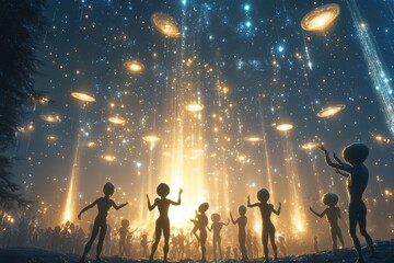 Naklejka premium Curious alien extravaganza with enthusiastic extraterrestrials dancing under cosmic lights