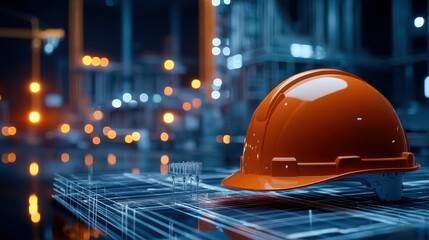 Industrial construction site with factory blueprint, cranes and heavy machinery, future vision theme