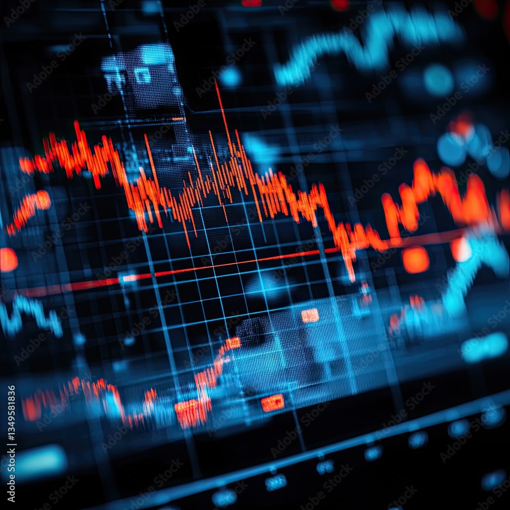 Poster dynamic financial data display on a high tech screen showing stock market trends and investment perf