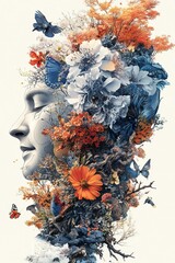 Portrait merged with flowers and butterflies. Serene, nature, art