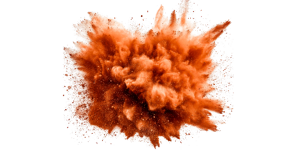 Explosive orange burst of powder, color particles, cut out transparent