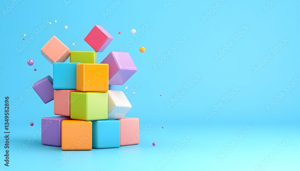 Poster Colorful cubes dynamically arranged against a light blue background, with smaller spheres floating around
