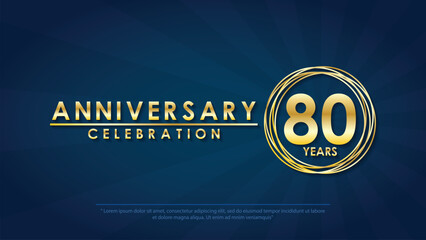 80th years anniversary celebration emblem. elegant golden anniversary logo isolated with ring on dark blue background. vector illustration template design